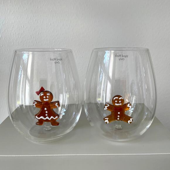 NEIMAN MARCUS Gingerbread Man Stemless Wine Glass Set of 2 Holiday Barware NEW - Picture 1 of 12
